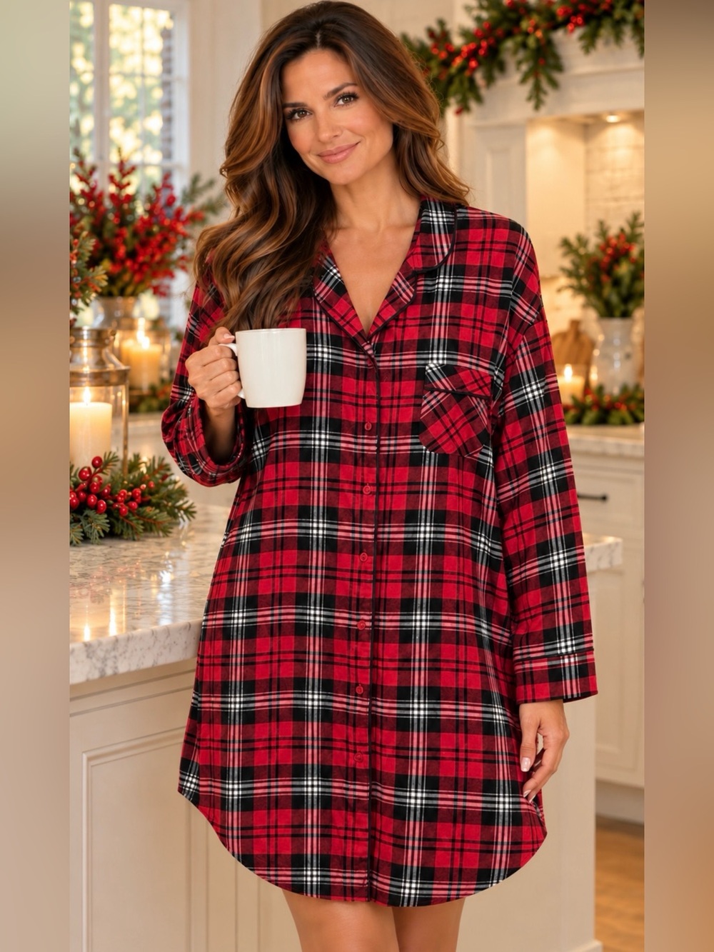 Charter Club Sleepshirt 100% Cotton Plaid Button-Front Nightshirt Size - XL